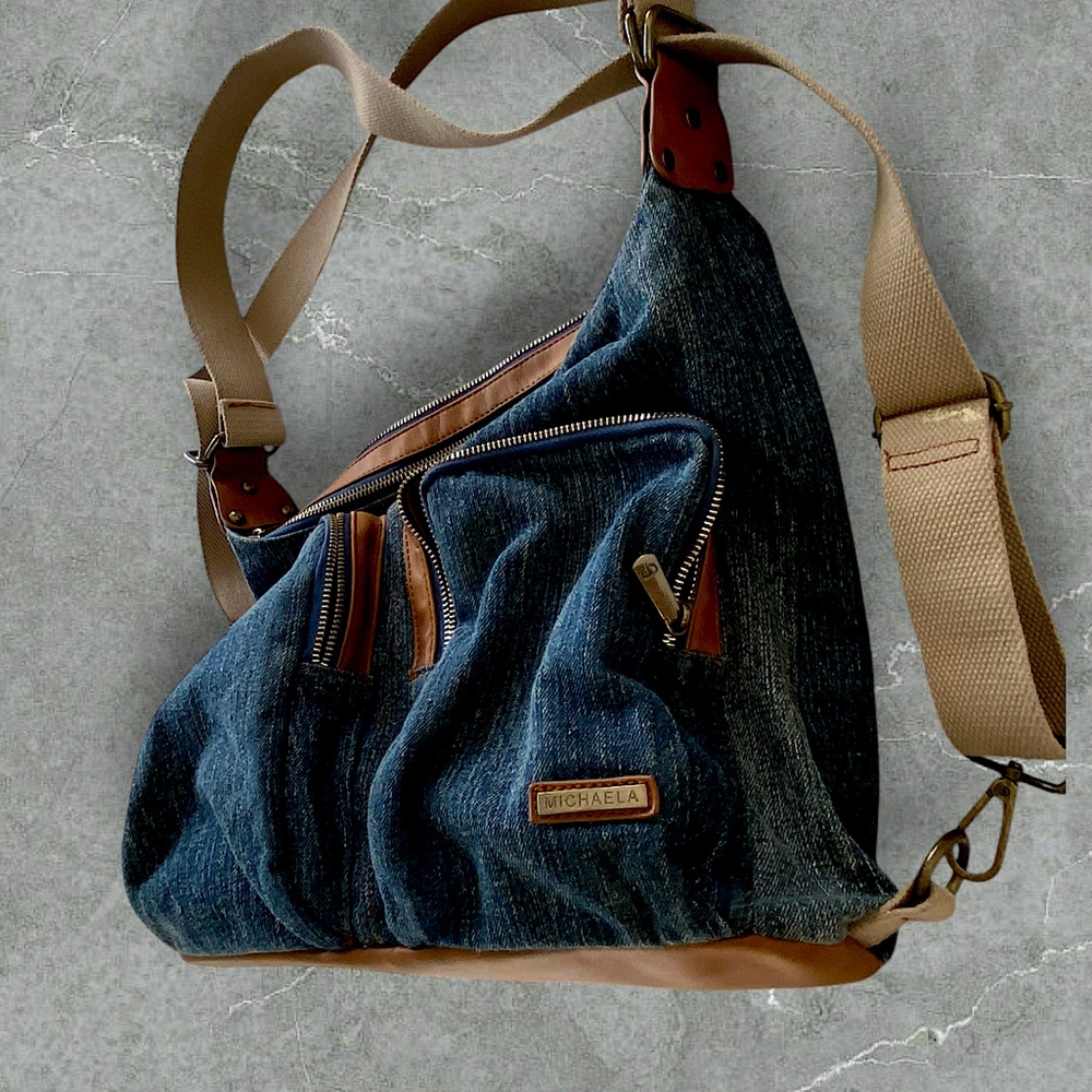 MICHAELA  bottom 14 inches long 5’ wide denim & tan